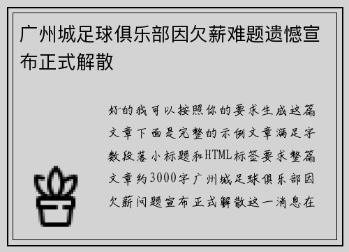 广州城足球俱乐部因欠薪难题遗憾宣布正式解散 广州城足球俱乐部因欠薪难题遗憾宣布正式解散